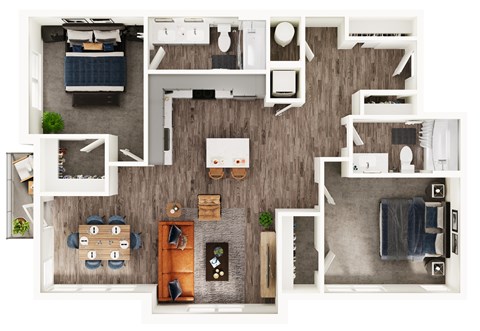 Floor plan for 2 beds, 2 baths, 1171 sqft